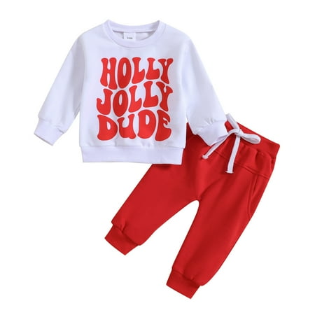 

WUXIAN Toddler Boys Long Sleeve Christmas Letter Printed Tops And Pants Child Kids 2PCS Set Outfits Fall Winter Trouserse Infants Baby Simple Dailywear