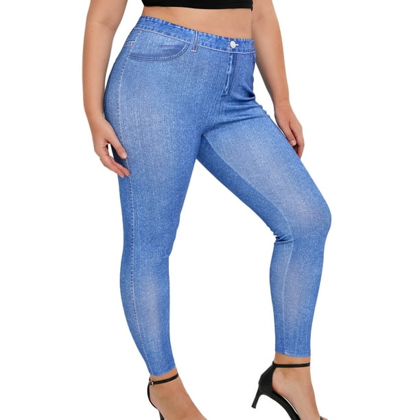 MAWCLOS Women Plus Size Leggings Butt Lifting Faux Denim Pant Tummy Control  Fake Jeans Stretch Running High Waist Pencil Pants Blue 6XL 