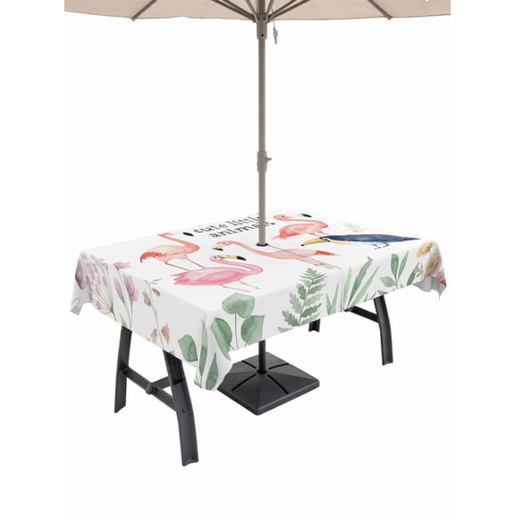 Outdoor Tablecloth with Umbrella Hole for Patio/Picnic/Party/Camping, Tropical Flamingo Waterproof Table Cloth Rectangle Table Cover Washable, Summer Botanical Plants Pink Windflowers (60"x 102")
