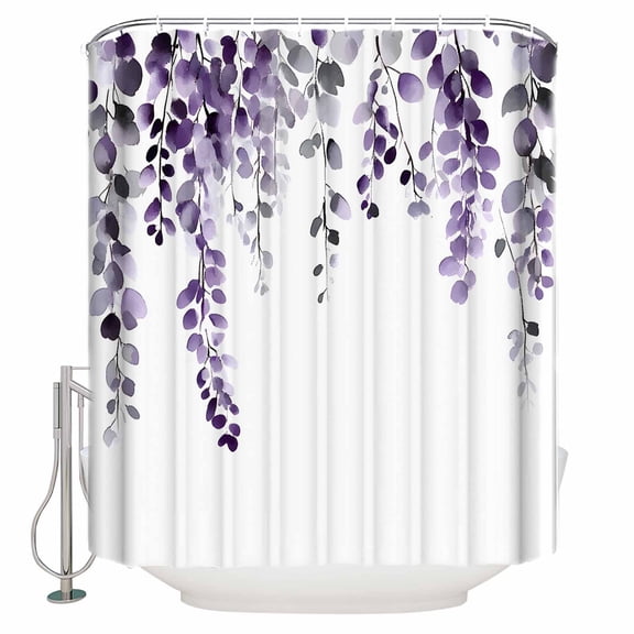 Dark Purple Shower Curtain, 36" x 72", Eucalyptus Leaves Watercolor Plants Country Waterproof Bathroom Curtain Washable Shower Curtain Set with 12 Hooks