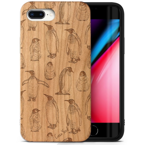 Case Yard Wooden Case Outside Soft TPU Silicone, Slim Fit Shockproof Wood Protective Phone Cover for Girls Boys Men and Women, Supports Wireless Charging Penguin Pattern Design case for iPhone-8-Plus