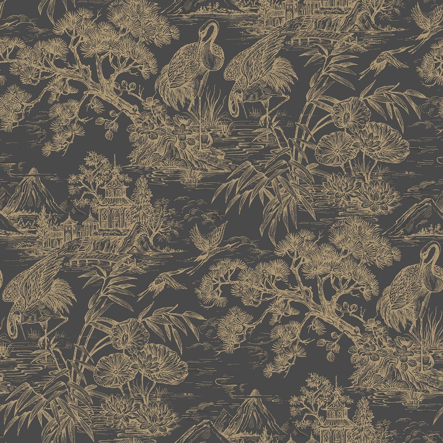 Charcoal Gold Majestic Crane Tropical Wallpaper