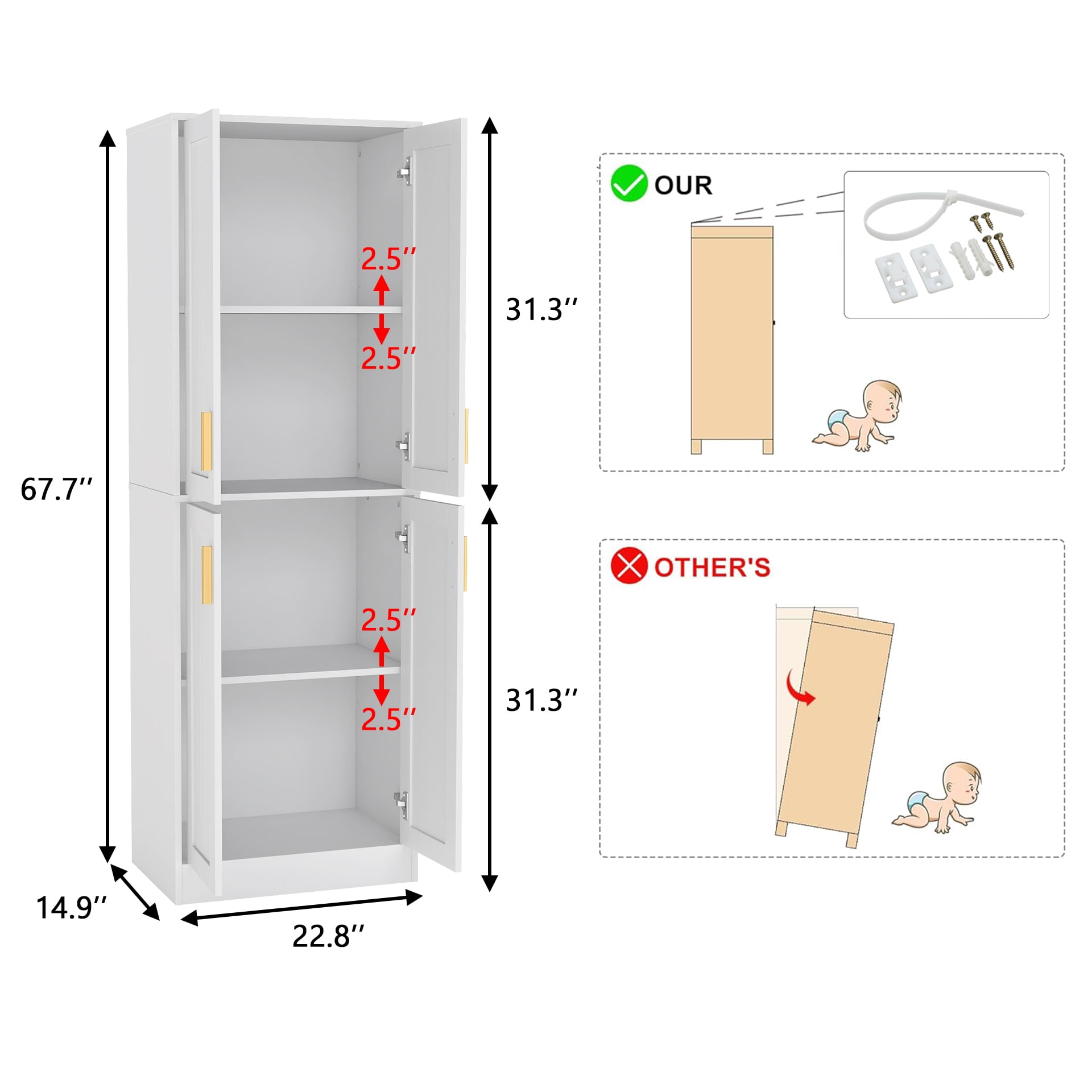 67.7” Tall Modern Storage Cabinet with 2 Adjustable Shelves, Bathroom Cabinet with 4 Doors, Kitchen Cabinets, Cupboard for Kitchen, Living Room