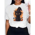 thumbnail image 1 of Camiseta con estampado de gato negro y calabaza de Halloween, informal, de manga corta y cuello redondo, de punto, para mujer, para todas las estaciones, para uso informal., 1 of 6