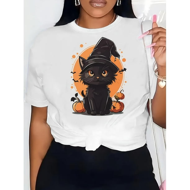 Halloween Black Cat and Pumpkin Graphic T-Shirt, Casual Crew Neck Short Sleeve Tee, Knit Fabric, All-Season Women's Top