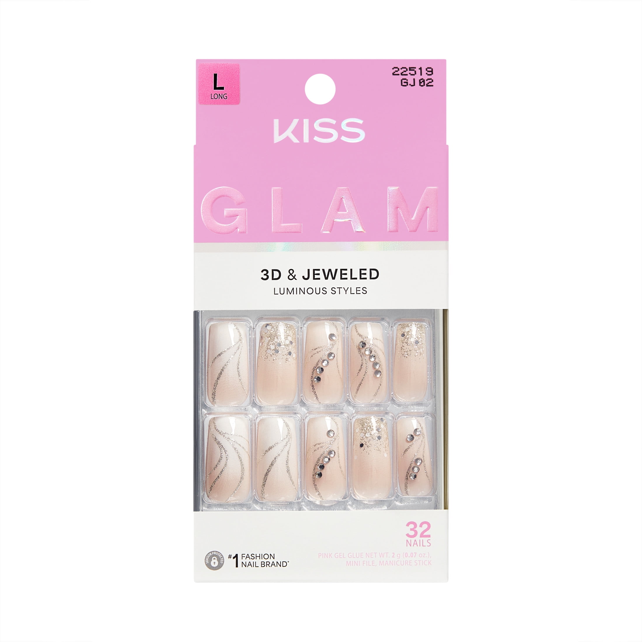 Kiss Glam Embellished Press On Nails Glow Forever, Blue Almond, 32