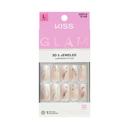 KISS GLAM 3D & Jewel Press On Nails , ‘Wrapped in Beauty’, Neutral, Long Square, 32 Count