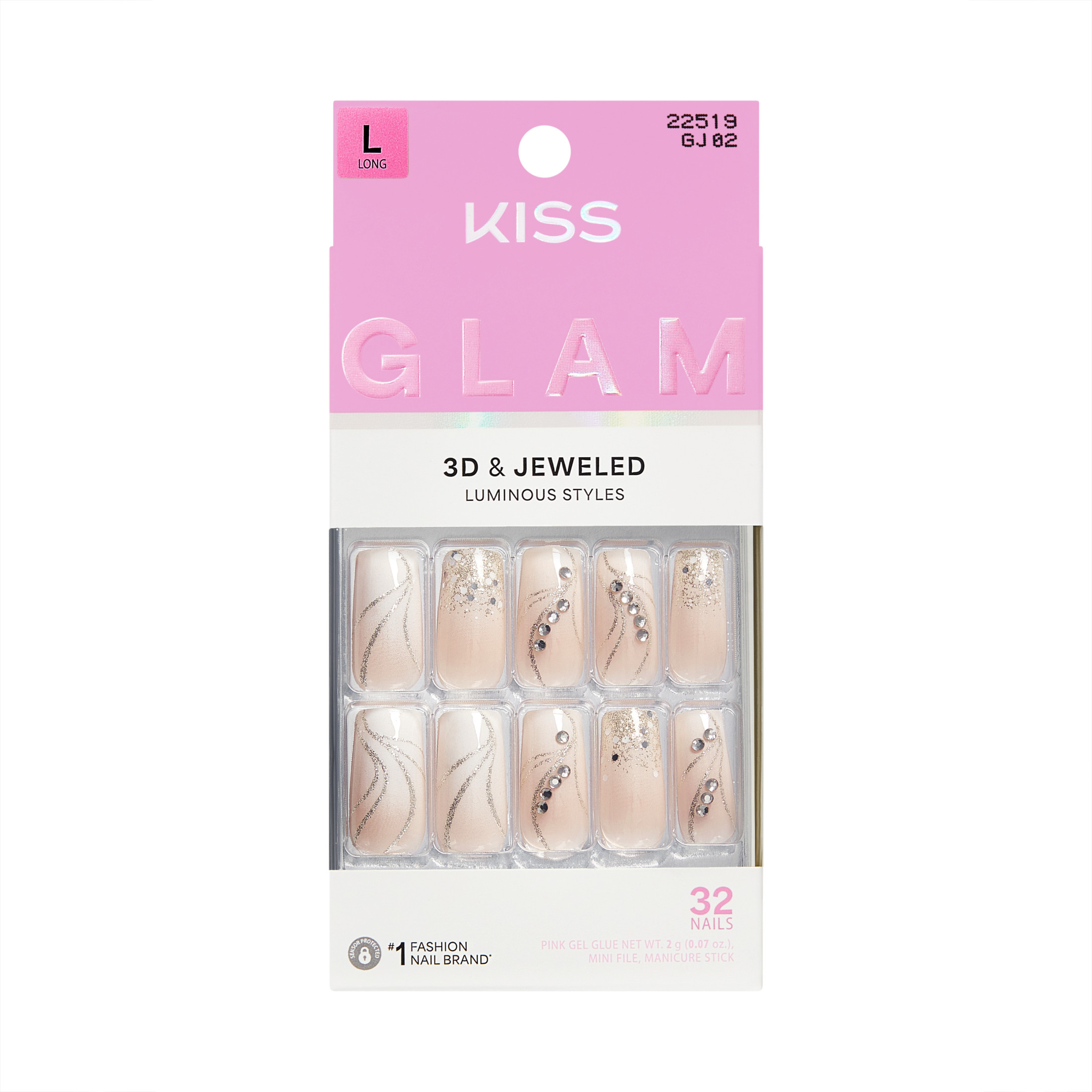 Kiss Glam 3D & Jeweled Long Square Press-On Nails