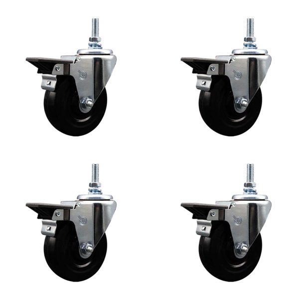Hard Rubber Swivel Threaded Stem Caster Set of 4 w/4" x 1.25" Black