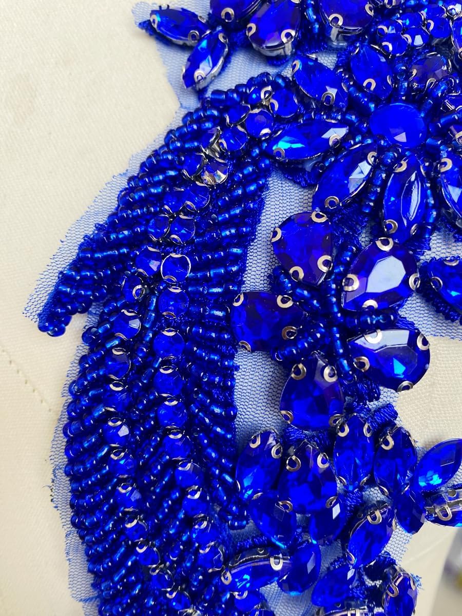 1 par de parches de cristal hechos a mano con cuentas corpiño encaje DIY apliques parches accesorio para ropa de vestir 35X12cm (Blue)