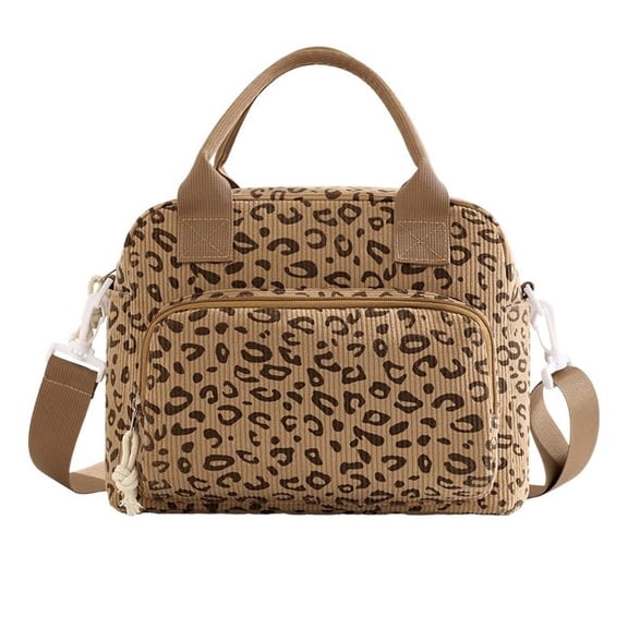 NCY Large Corduroy Lunch Bag for Women Cute Leopard Print Insulated Lunch Box with Bottle Holder Crossbody Strap Tote Handbag for Work Picnic Camping Travel Reusable Lunch Boxes for Adult, Brown