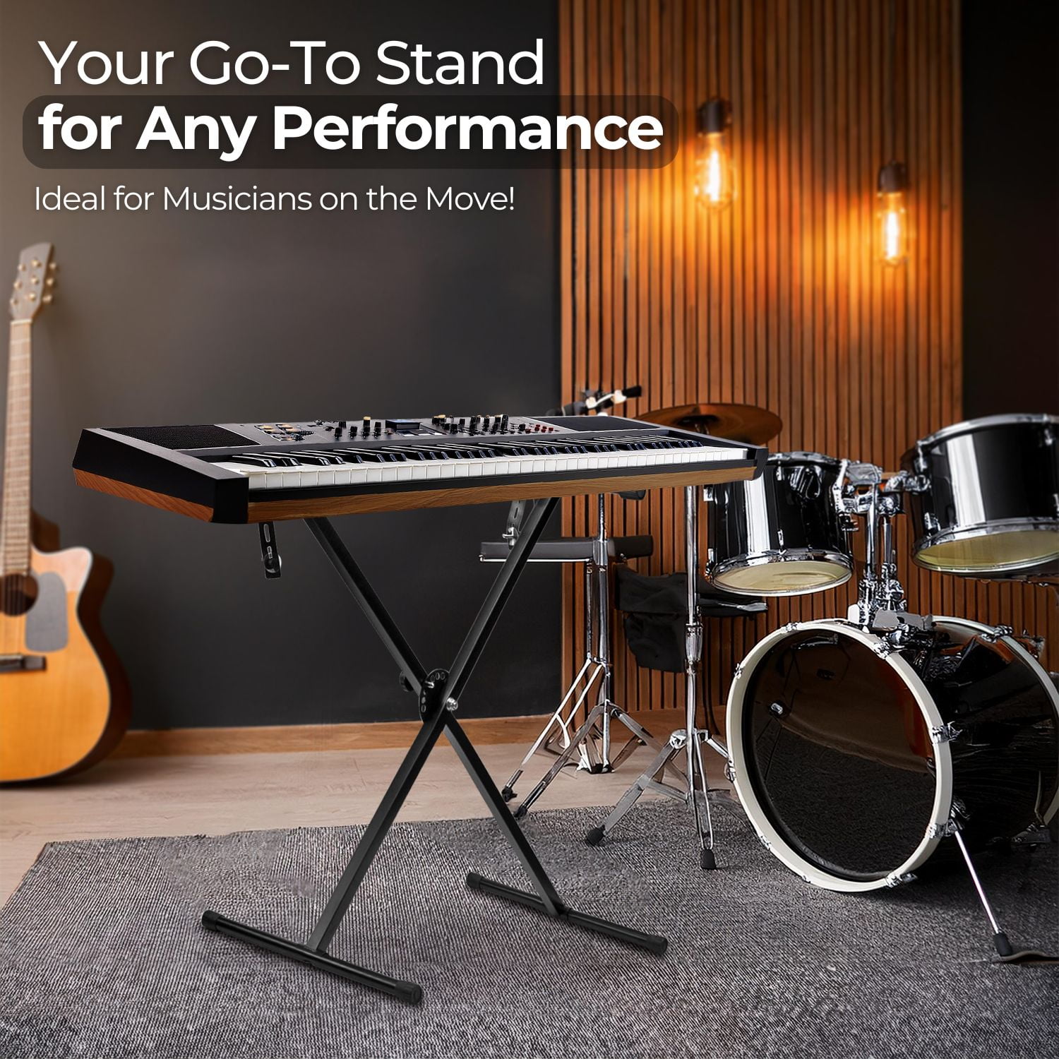 Digital Piano Keyboard Stand Musician Electric Organ Piano Stand Single Tube X Stand Type, 7 Position Folding Adjustable Height Keyboard Stands Metal Braced Rack Portable with Locking Straps
