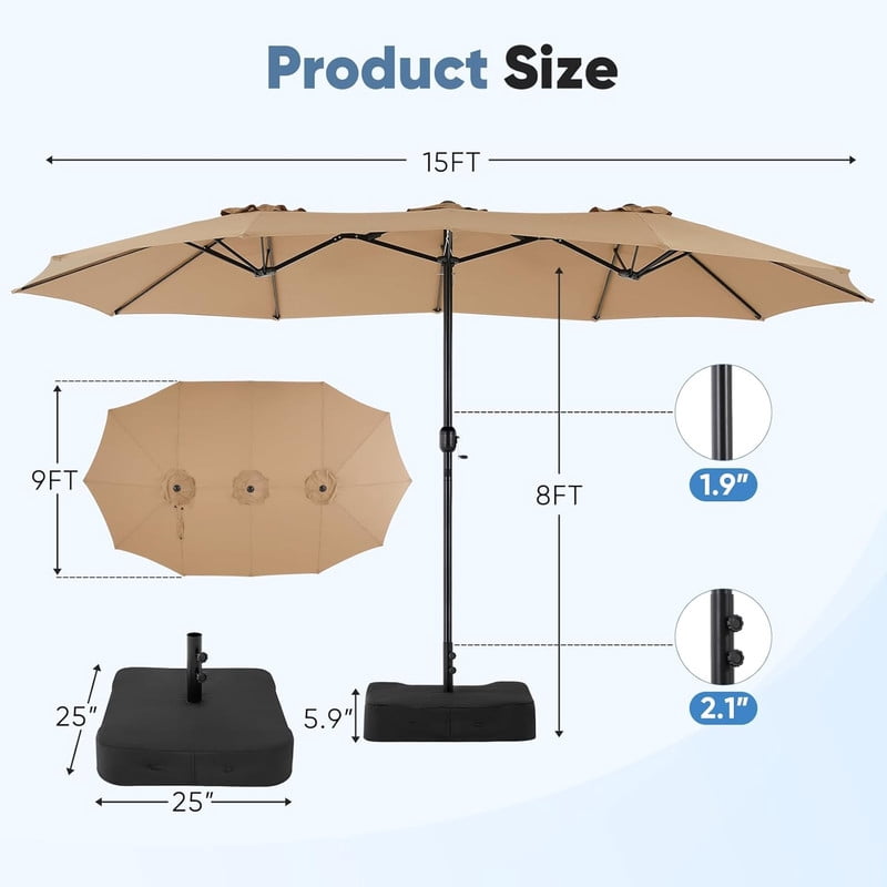 TINKLE WELL 15ft Patio Umbrella with Base, Large Rectangle Outdoor Umbrella for Deck, Backyard & Market, Blue