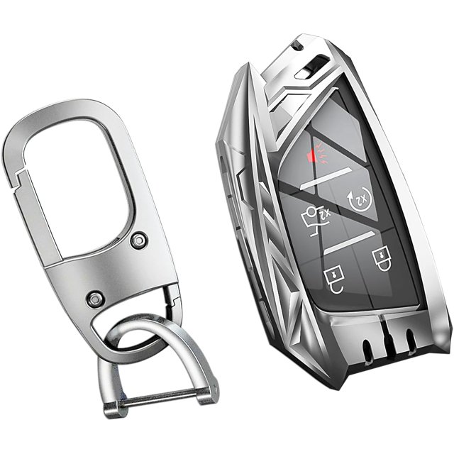 Zinc Alloy Key Fob Cover,Keychain,Full Protection Car Key Case for Cadillac Escalade ESV CT4 CT6 CT5 XTS XT4 XT5 Corvette C8 Smart Remote Keyless Keyshell Accessories,Silver Color,For Cadillac B