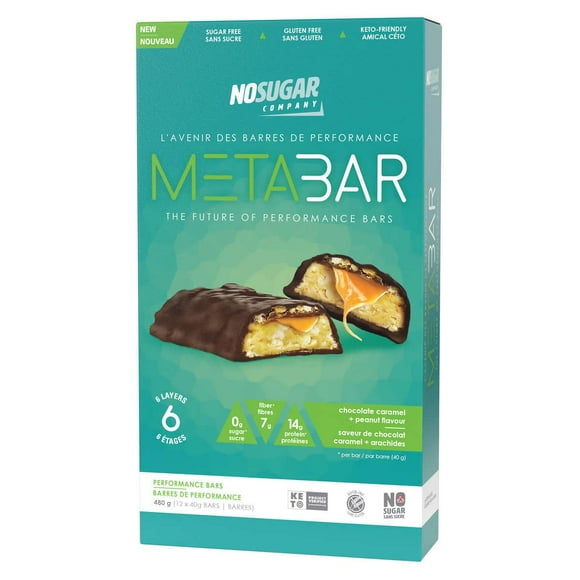 Sans Sucre MetaBar, Compatible Keto, Sans Gluten, Saveur Chocolat Caramel & Cacahuète, 12 40 g, Parfait pour les Amateurs de gym, camping, Keto Et/ou Sans sugur. Collation Saine.
