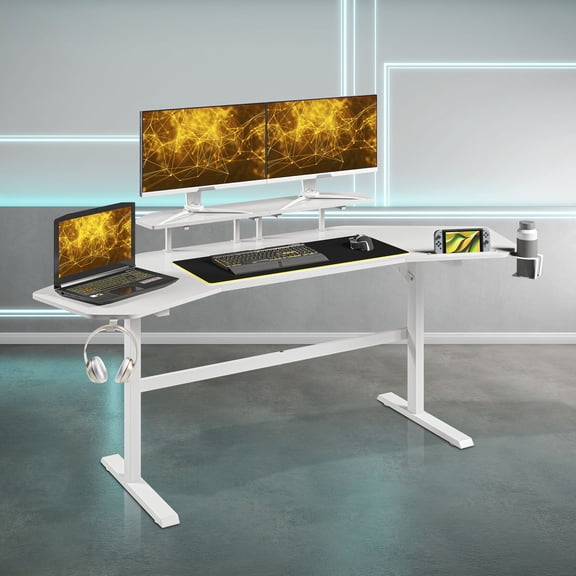 Newboti TS911D Gaming Desk with Shelves & Accessory Holder, White 808936630874044