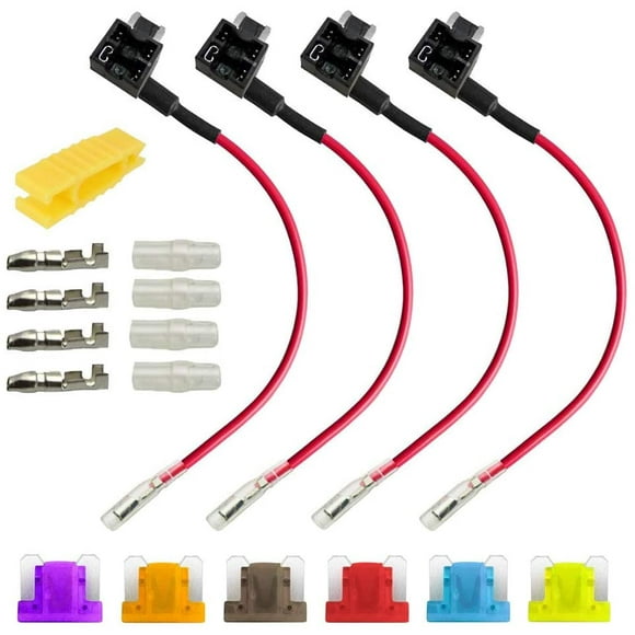 12/24V Low Profile Add-a-Circuit Fuse Tap, ACN Micro Piggy Back Blade Fuse Holder with Wire Harness, 6 pcs Micro Blade Fuse (3A 5A 7.5A 10A 15A 20A) and Fuse Puller (Pack of 4)
