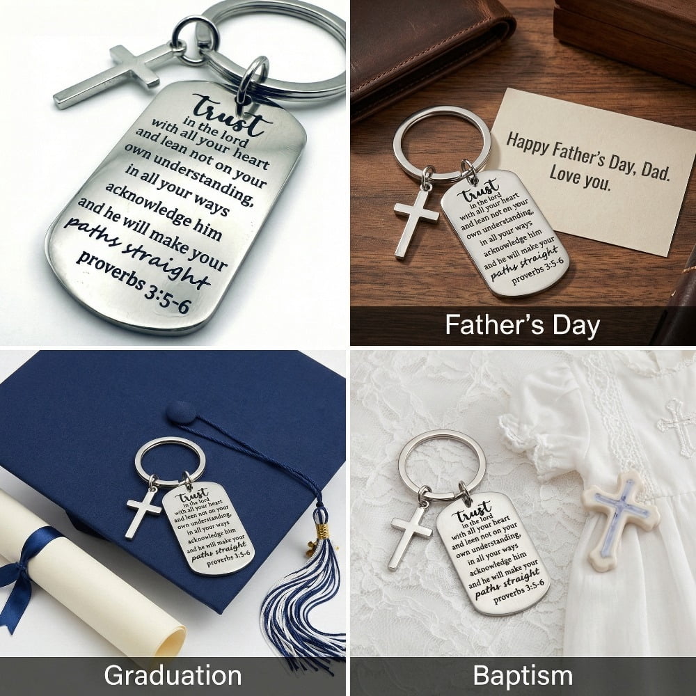 Bible Verse Keychains Bulk, 12 Pcs Stainless Steel Inspirational Key Rings with Cross Charms Engraved Proverbs 3:5-6, Christian Faith Gifts for Baptism Easter Christmas Religious Party Favors