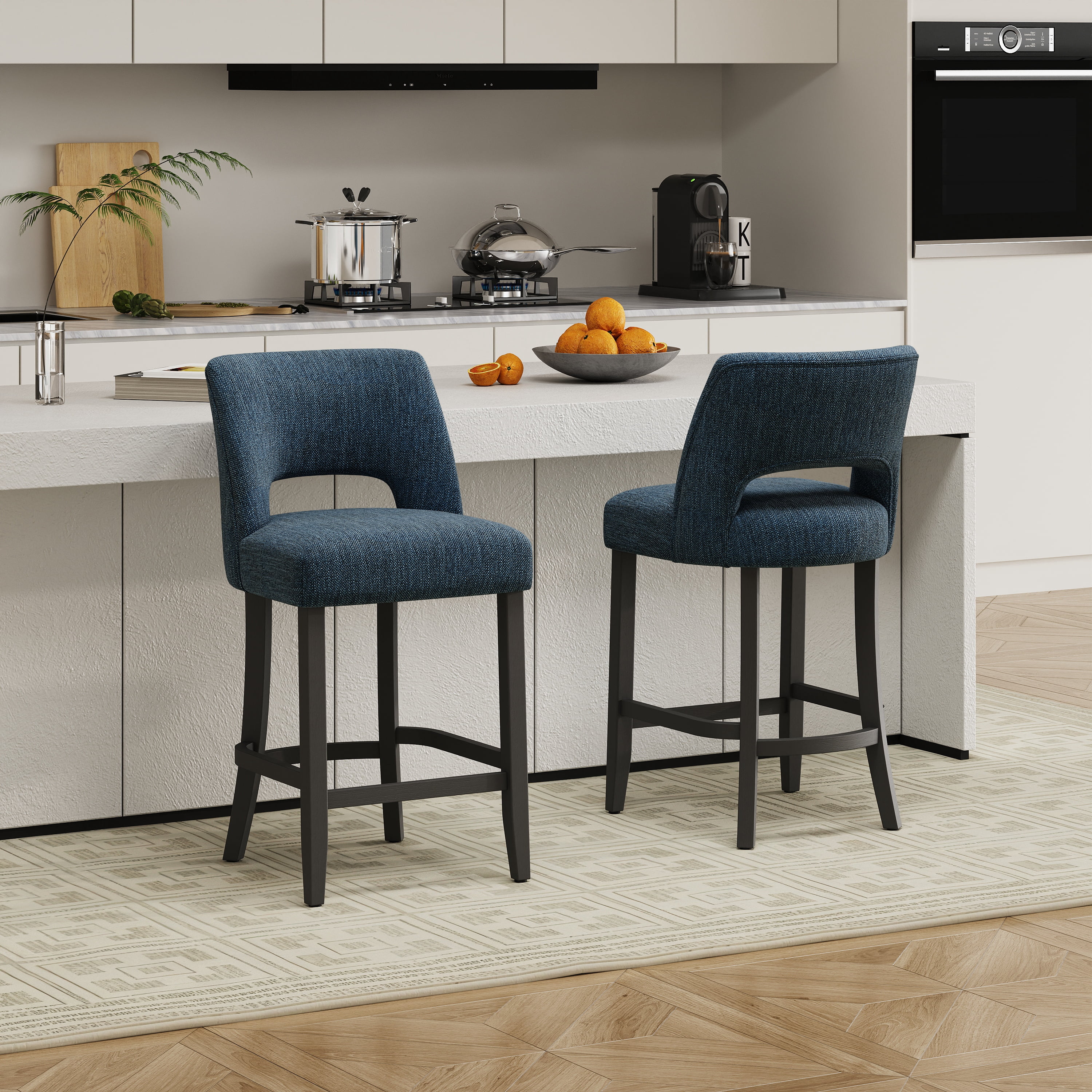 Vknow Furniture Mid-Century Counter Height Bar Stools Set of 6 with Solid Wood Legs and Ergonomic Backrest for Kitchen Island and Dining Room,Blue