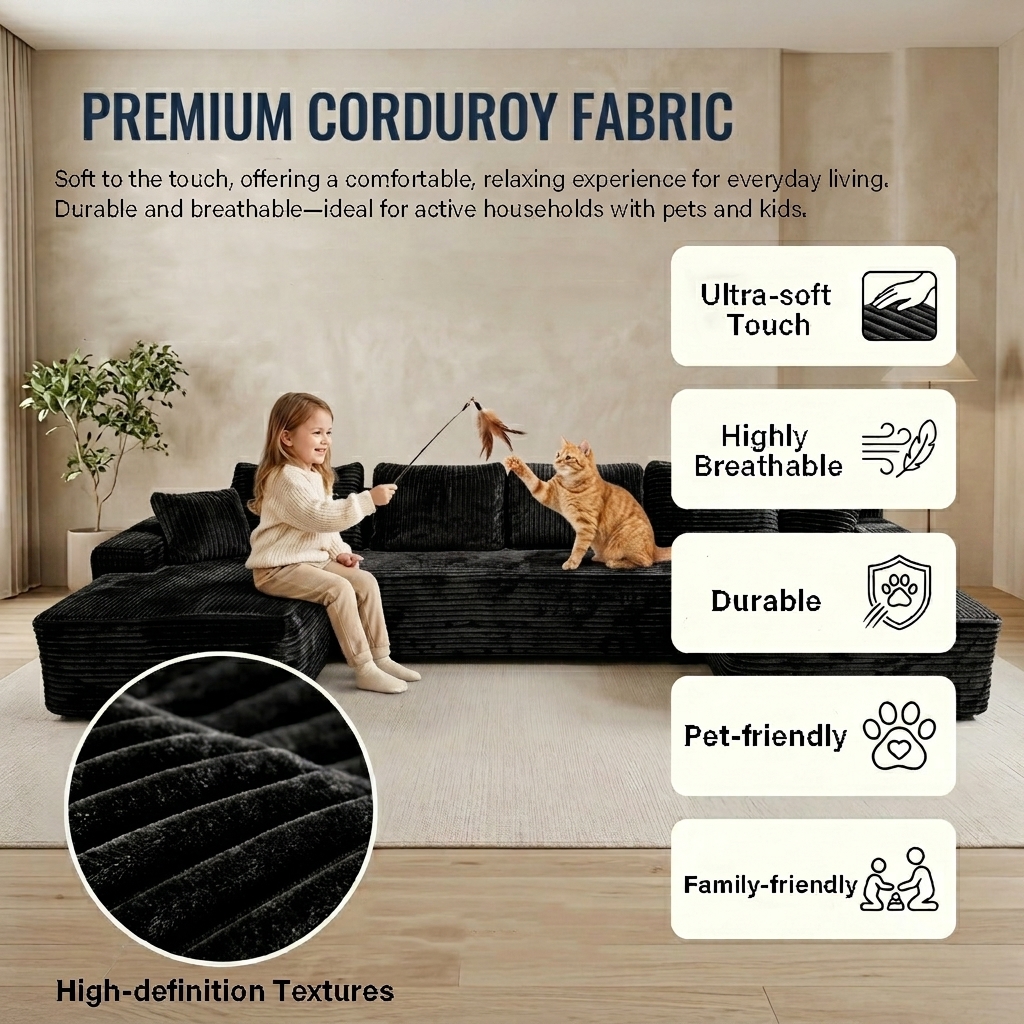 Howcool 131" U‑Shaped Modular Sectional Sofa with Deep Seat Chaise,Corduroy 4‑Seat Boneless Cloud Couch,Compressed Sofa for Living Room,No Assembly Required,Black