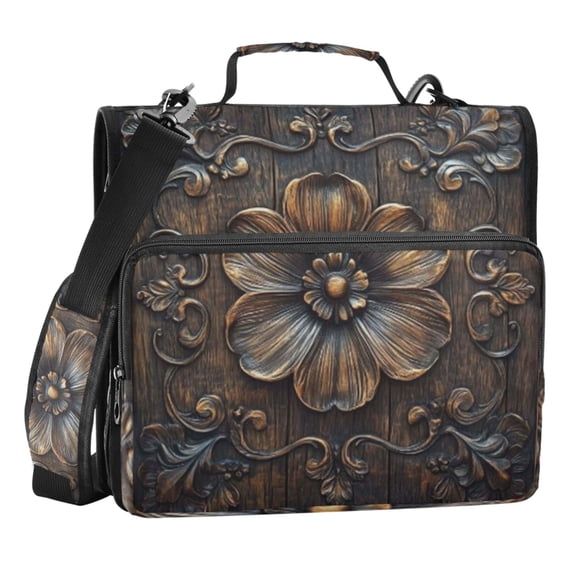 Zipper Binder Vintage Wooden Floral 1.5 Inch Binder Folder Bag with Shoulder Strap and Handle