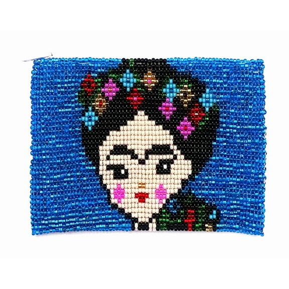 Frida Kahlo Cartoon Doll Face Mexican Artist Czech Glass Seed Beaded Coin Purse Zipper Pouch - Womens Fashion Handmade Bags Boho Travel Accessories