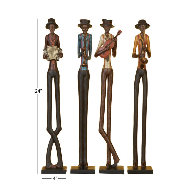 4W, 24H Brown Polystone Tall Long Legged Jazz Band Musician Sculpture  with Black Base Stand, by DecMode (4 Count) 