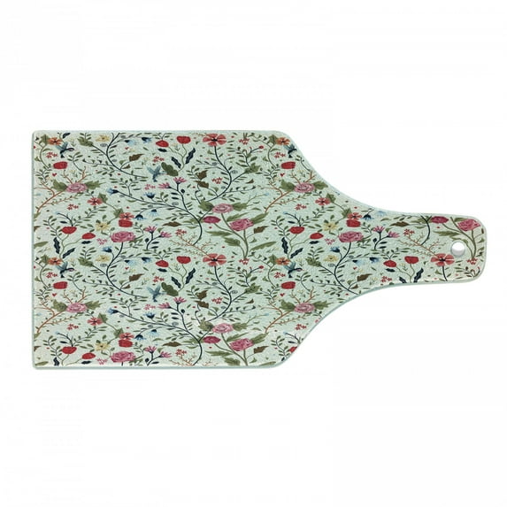 Floral Cutting Board, Vibrant Colored Complex Image Birds with Roses Leaves and Polka Dots Nature Scenery, Tempered Glass Cutting and Serving Board, Wine Bottle Shape, Multicolor, by Ambesonne