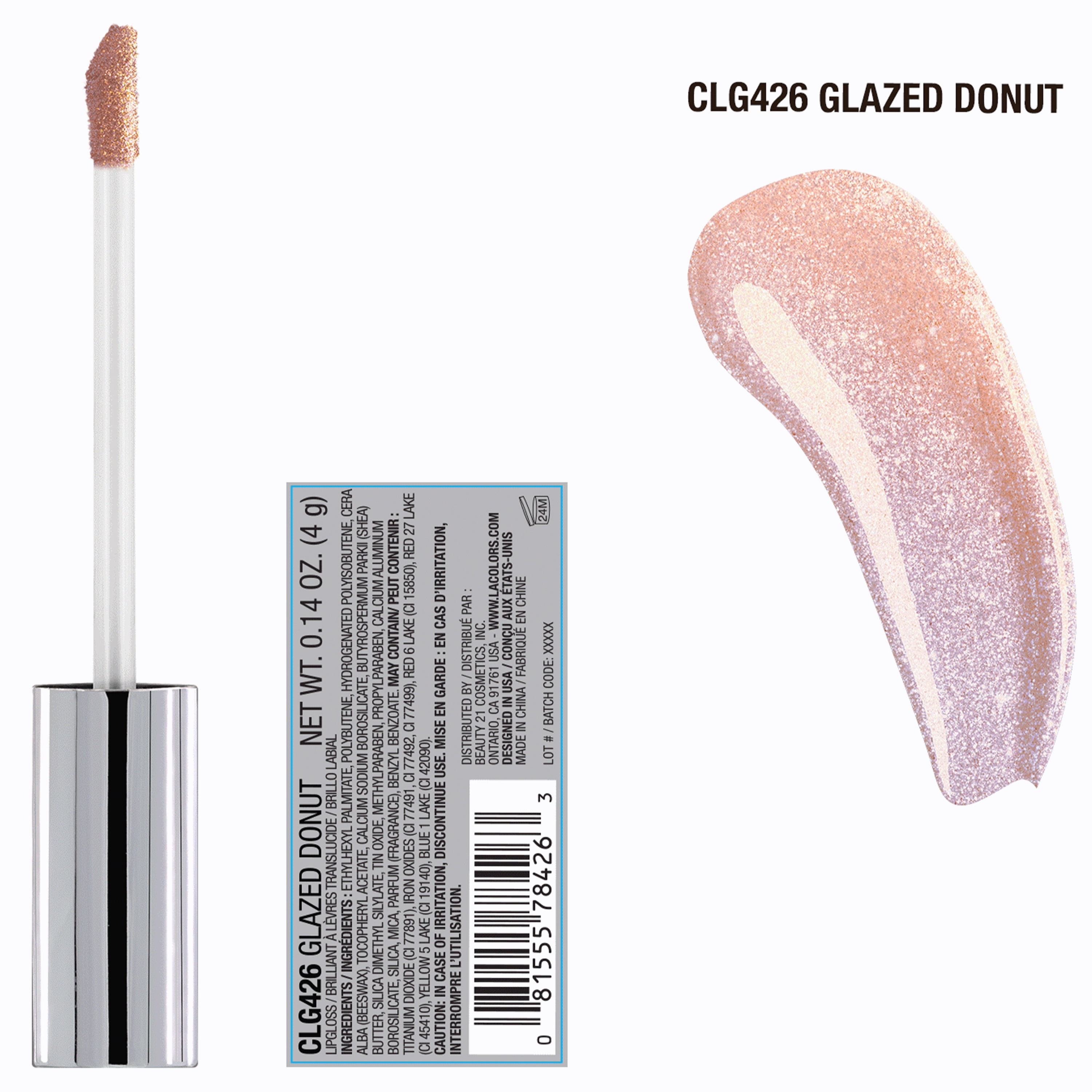 L.A. COLORS Moisturizing High Shine Holographic Shimmer Lip-gloss, Glazed Donut, 0.14 fl oz