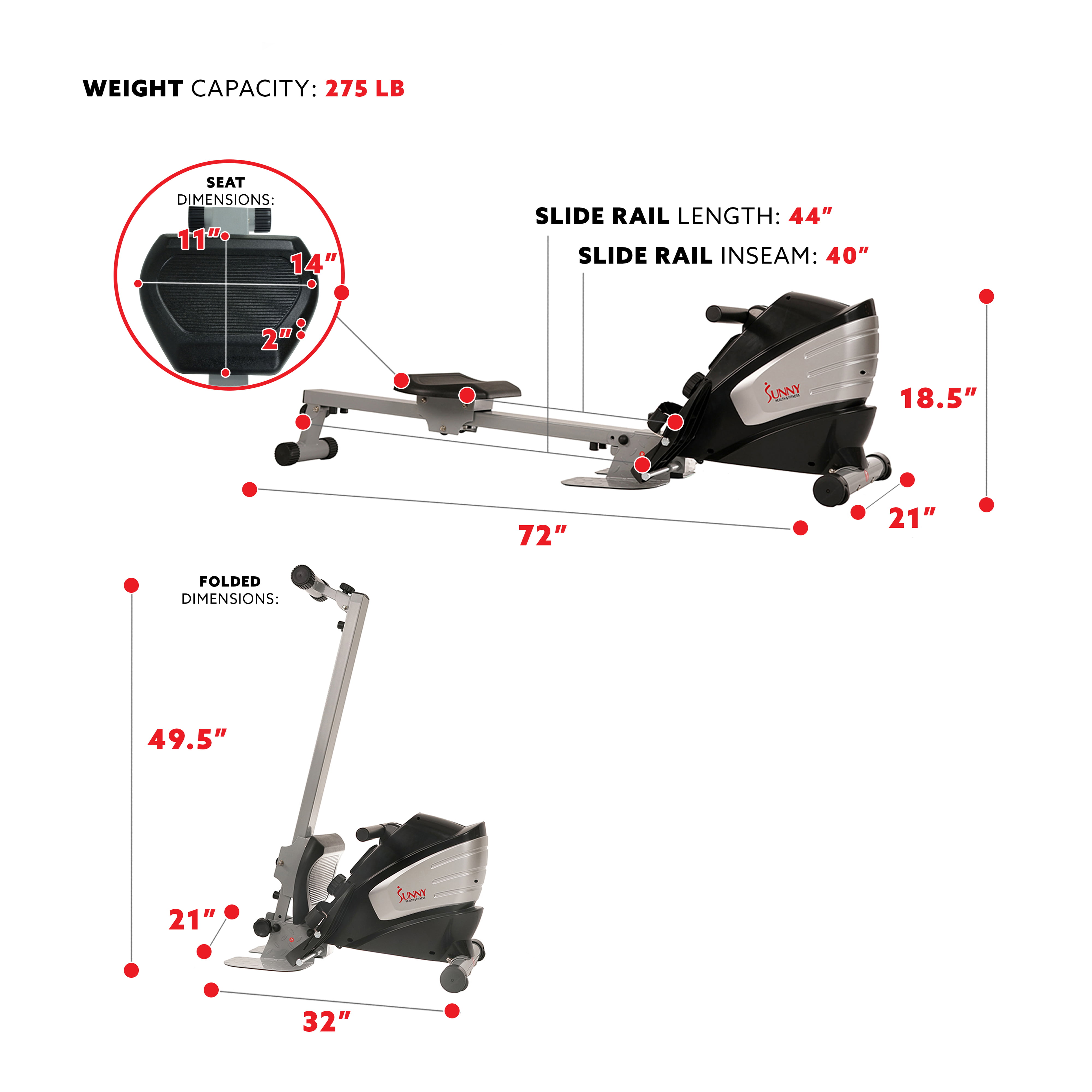 Dual Function Multi-Exercise Foot Plates and Portability Wheels SF-RW5612 Sunny Health & Fitness Magnetic Rowing Machine w/Digital Monitor 300 LB Weight Capacity 