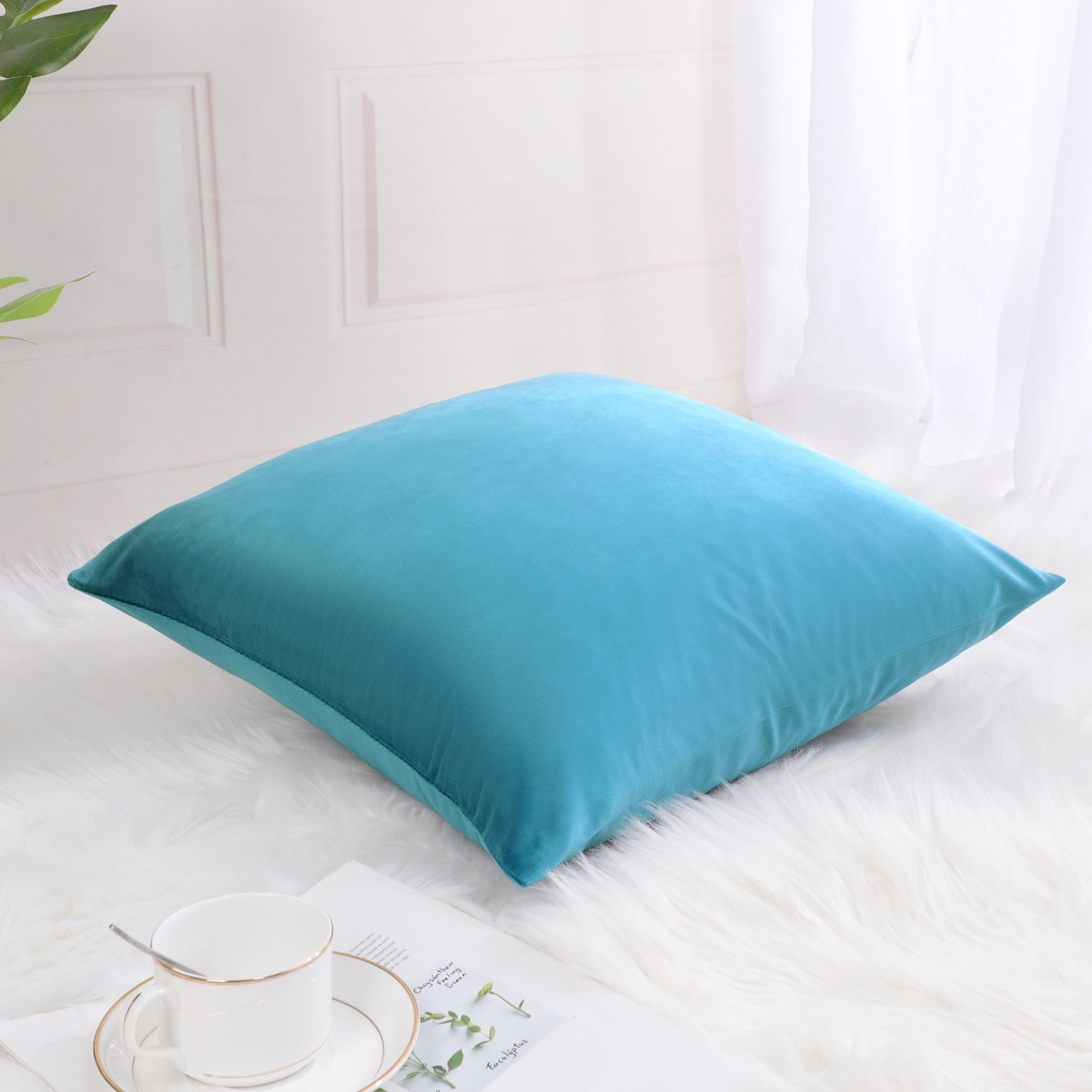 Unique Bargains Luxury Euro Velvet Square Decorative Throw Pillow Cover, 18" x 18" Teal Blue