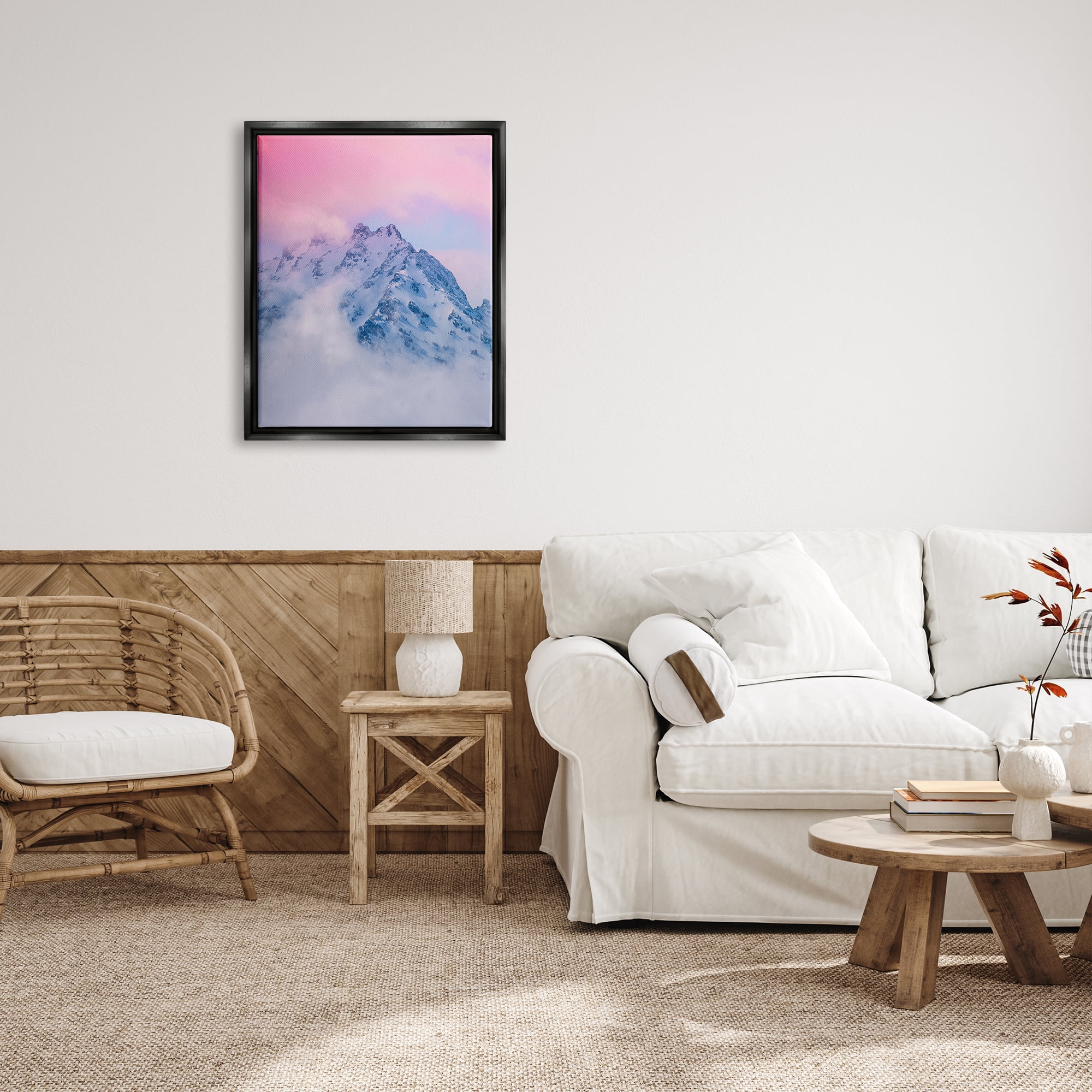 Stupell Industries Foggy Mountain Pink Sky Landscape Photography Black Floater Framed Canvas Art Print Wall Art, 25 x 31