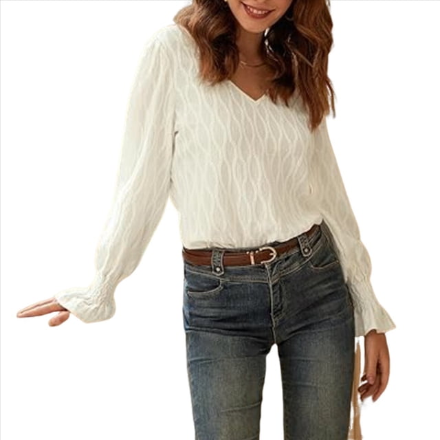 Camisa de Larga para Mujer, Moda de Otoño, Color Liso, Cuello en V, Camiseta de Larga. S