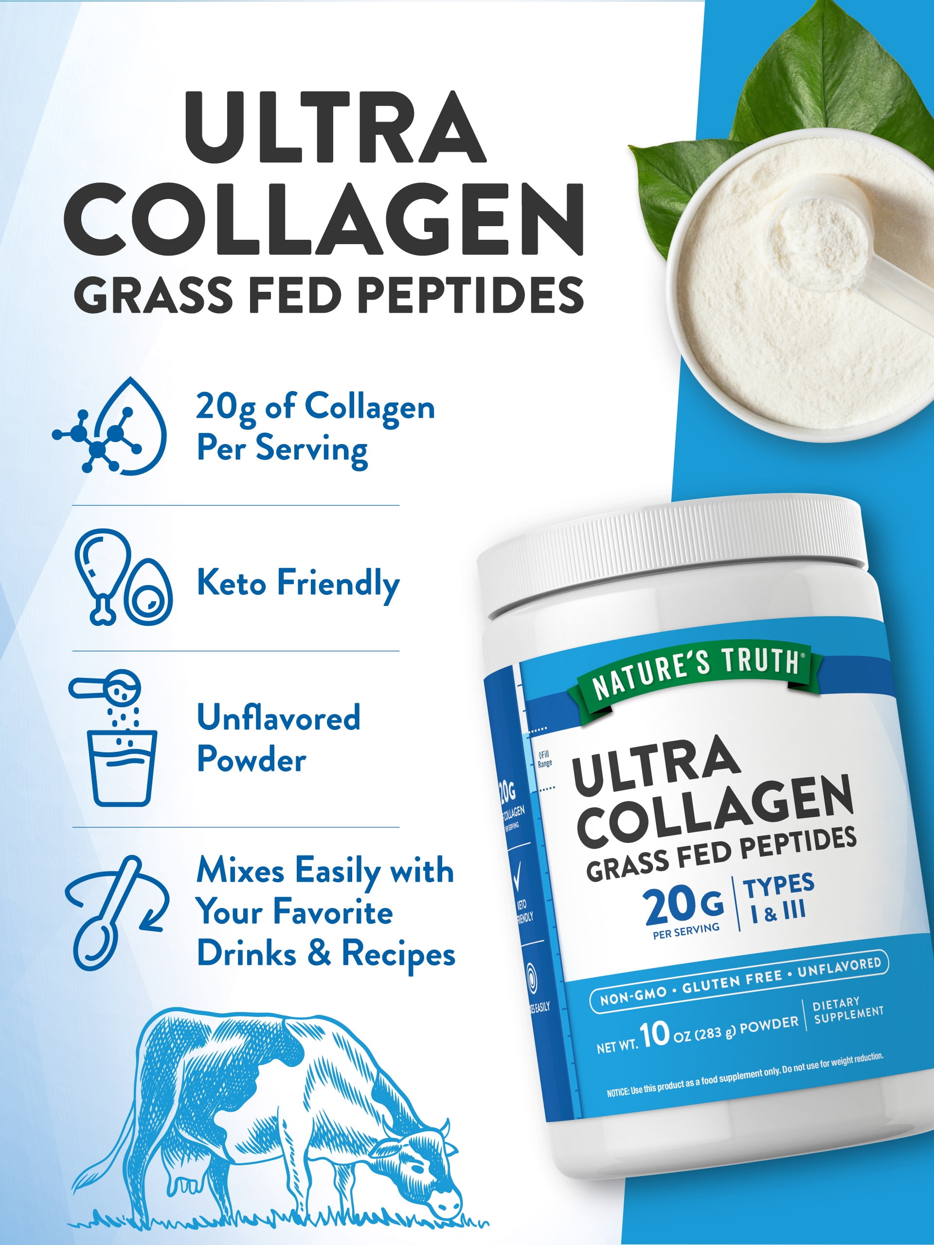 Collagen Peptides Powder | 10 oz | Grass Fed, Type 1 & 3 | Keto Friendly | Unflavored, Mixes Easily | by Nature's Truth