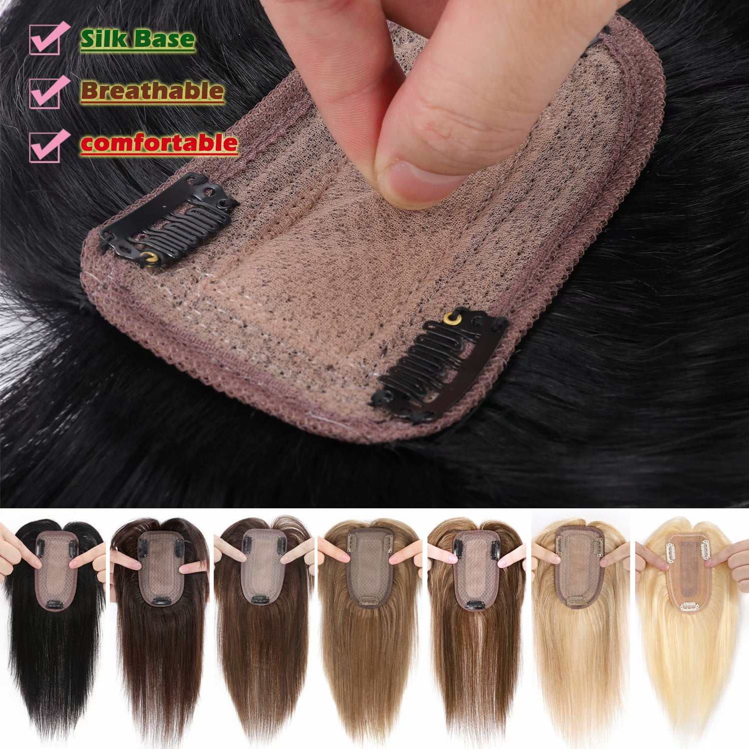 Benehair 100% Real Remy Human Hair Extensions Clip In Hairpiece Topper Toupee with Bang Fringe Women Hair Loss Silk Base Black