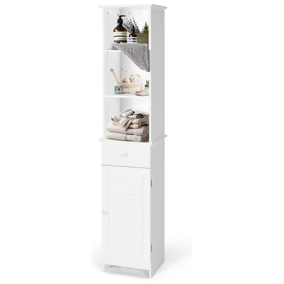 Bathroom Tall Cabinet, Modern Linen Tower with Shelves & Drawer, White - 13.5x12x64.5in Large