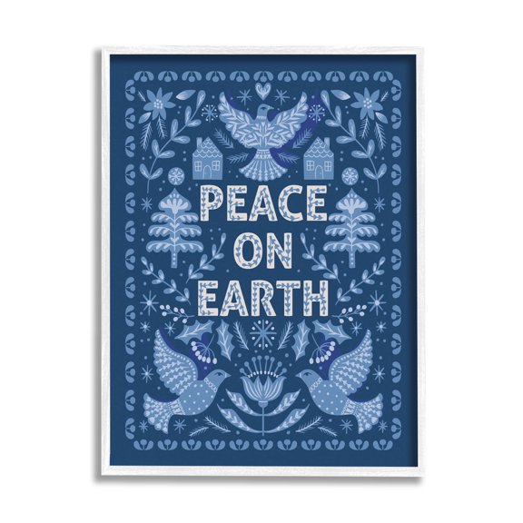 Peace On Earth Blue Doves Holiday Graphic Art White Framed Art Print Wall Art