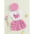 thumbnail image 4 of BemeyourBBs Toddler Baby Girl Summer Fall Spring Clothes Infant Baby Girls 2 Peice Outfit Shorts Set Cute Vintage Little Girls Short Sleeve Pearl 3D Bowknot T-Shirt Ruffle Shorts Beret Hat, 4 of 9