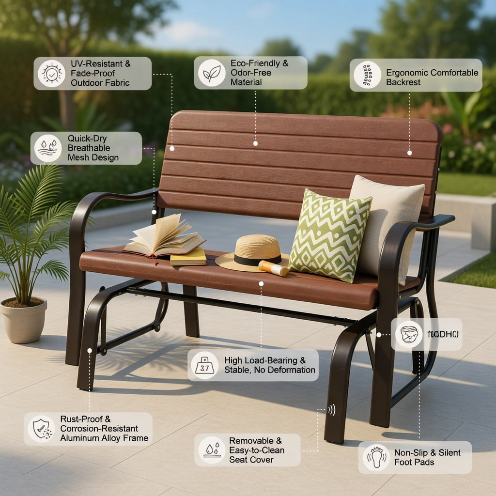 Hommoo 2-Person Outdoor Porch Glider Chair, Heavy-Duty Steel Frame with Weather-Resistant HDPE Seat & Back, Brown