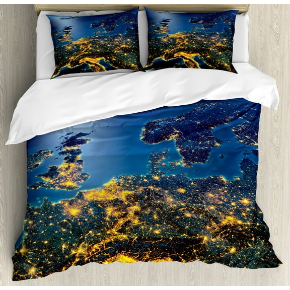 World Duvet Cover Set, Continent of Central Europe Night Time View from Outer Space Vivid Planet, Decorative 3 Piece Bedding Set with 2 Pillow Shams, King Size, Blue Yellow Emerald, by Ambesonne