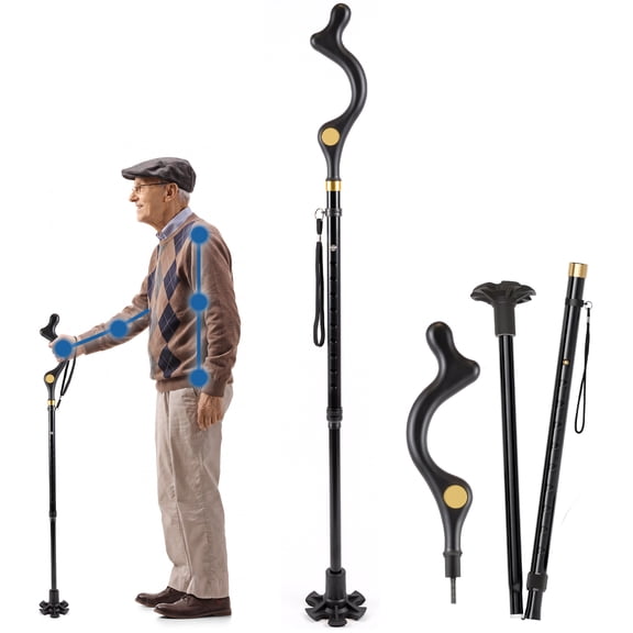 Vessgra Posture Walking Cane for Seniors, Adjustable Upright Walking Cane with Self-Standing Base, Lightweight Foldable Mobility Aid, Ergonomic Handle, Supports 300 lbs, Blue