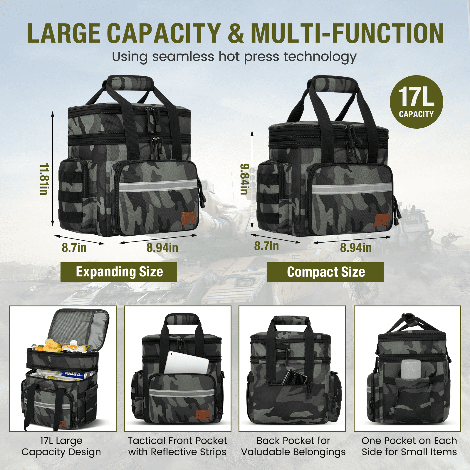 Expandable Insulated Lunch Bag with Leakproof Design - 24 Can Capacity, Double Deck Cooler Box with Adjustable Shoulder Strap & Side Pockets for Men & Women - Durable for Work, Travel, Outdoor