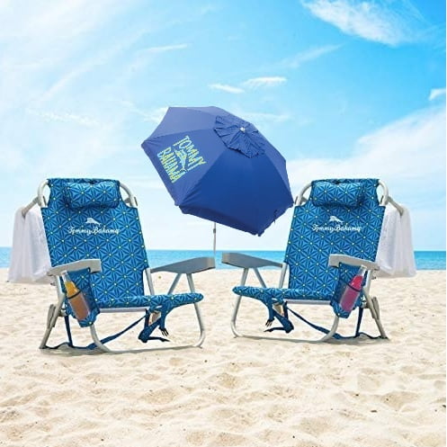 2 Tommy Bahama 5 Position Blue Beach Chairs With 8 Ft Umbrella Walmart Com Walmart Com