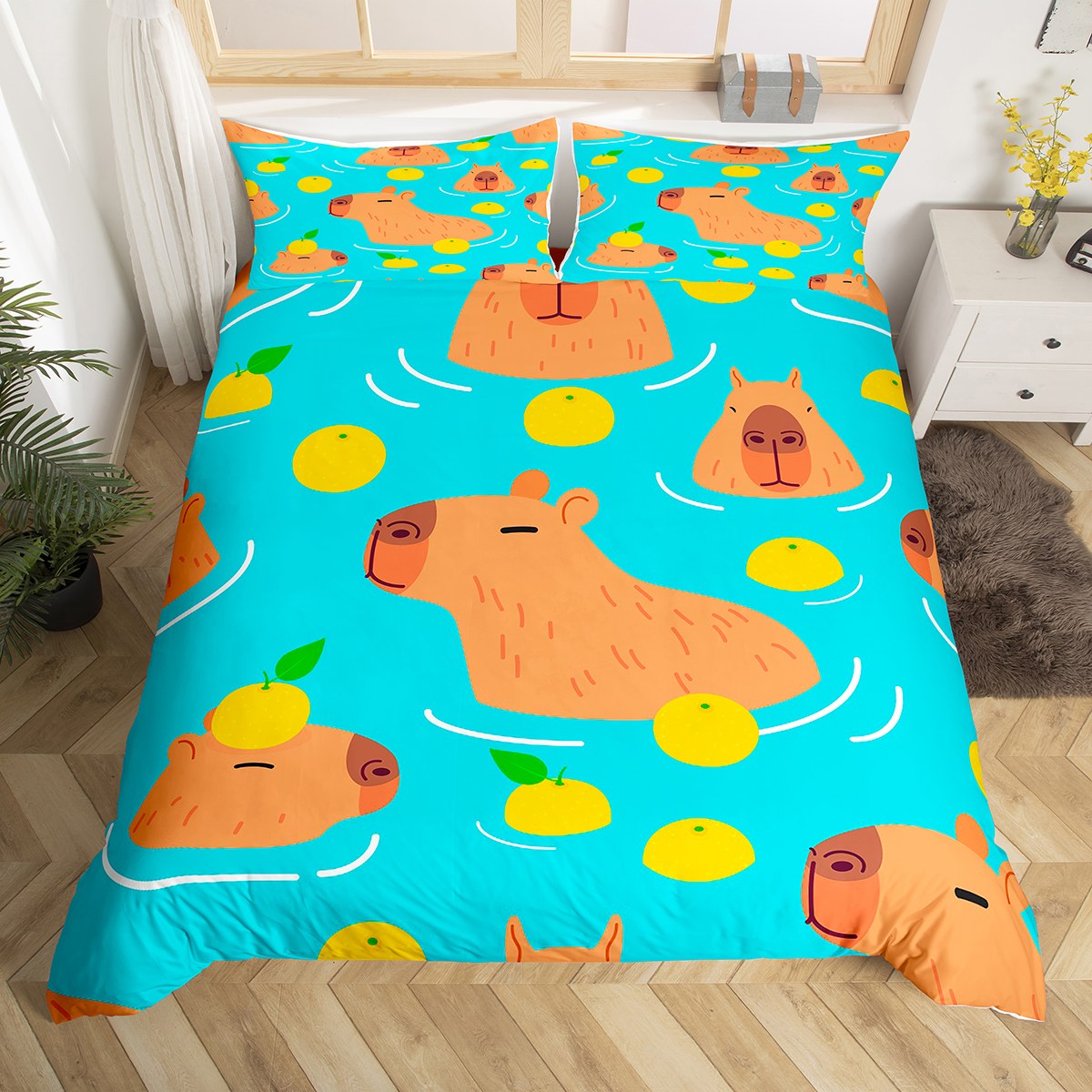 Kids Cute Duvet Cover Queen Size Cartoon Capybara Comforter Cover for Teens Girls Boys Funny
