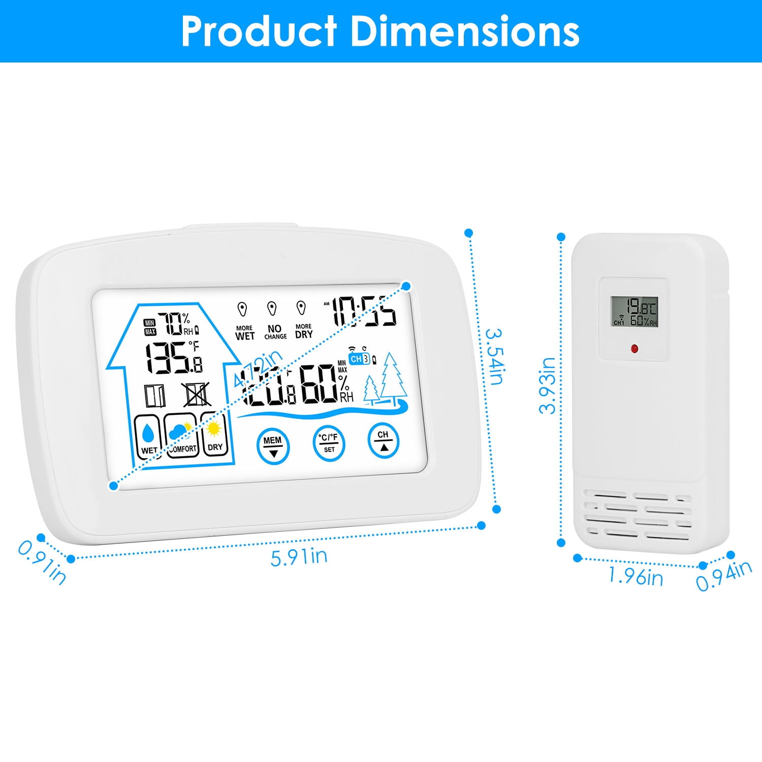 (Weiyi-EC)-- 1Pc Wireless Weather Station With Clock 196FT Range Indoor Outdoor Thermometer Sensor Temperature And Humidity Monitor Humidity Forecast Battery Powered Backlight Display **--（ 8lp'g）
