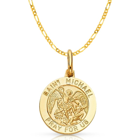 Ioka-14K Yellow Gold St. Michael Pray For Us Charm Pendant with 1.9mm Figaro 3 1 Chain Necklace - 16"