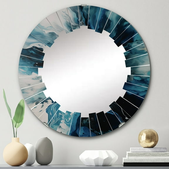 Designart "Aqueous Whimsy in Teal and Black II" Abstract Round Wall Mirror - Modern Oval Printed Decorative Oversized Mirror - Multiple Color Options