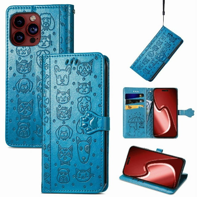 Funda Cartera FOXDOCK para iPhone 15 Pro , Flip PU con Relieve de Gatos y Perros, Tarjetero y Soporte