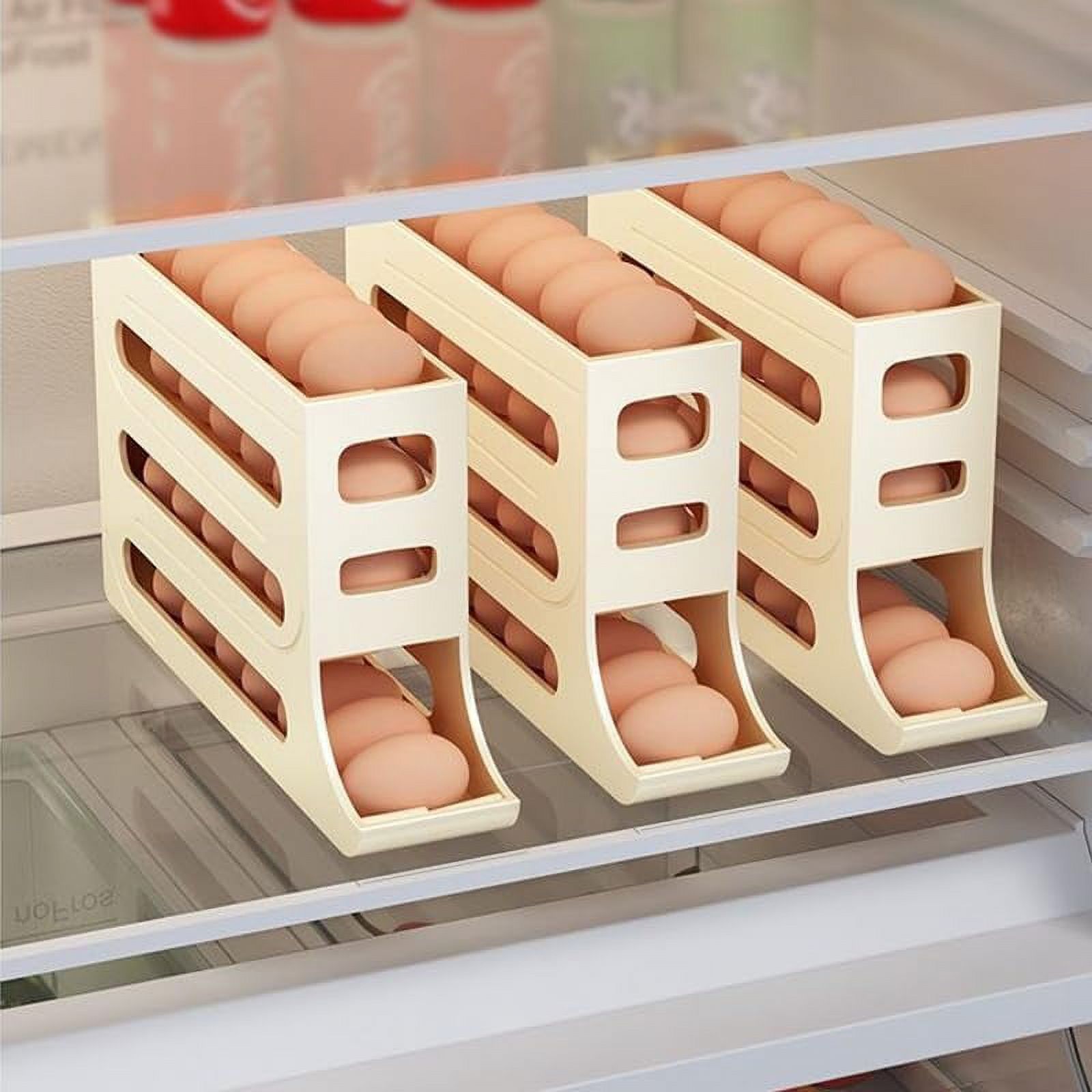 Four-Layer Egg Storage Rack, Auto Rolling Fridge Egg Organizer, Refrigerator Egg Storage Box,4 Tier Rolling Egg Holder Dispenser (1 PCS Beige)