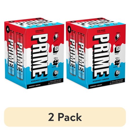 (2 pack) Prime Sugar Free Energy Drink, Ice Pop, 12 fl oz, 4 Pack, Cans, 200mg Caffeine